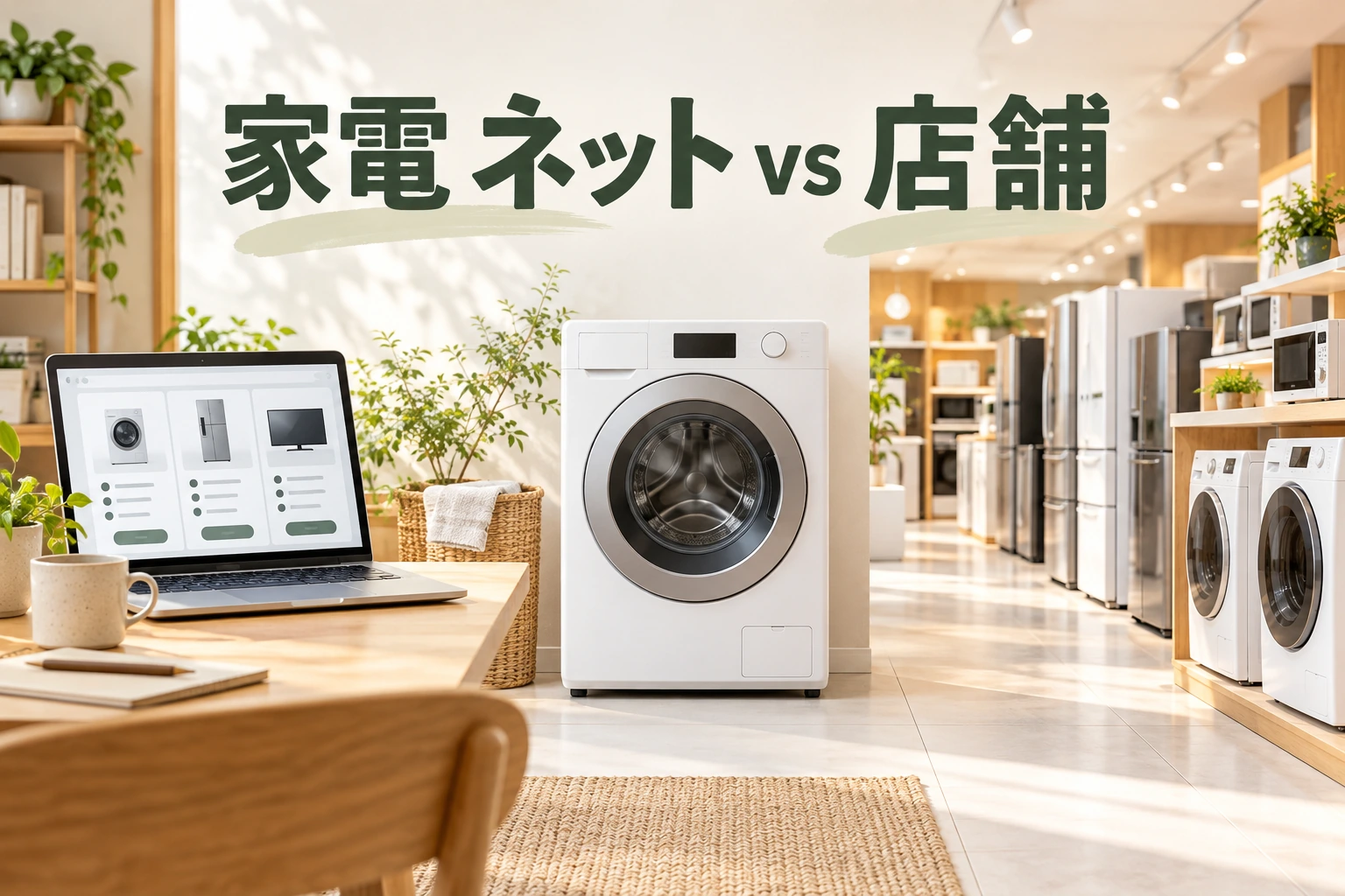 家電 ネット vs 店舗の文字と、ネット価格を調べるパソコン、洗濯乾燥機、家電売場のイメージ