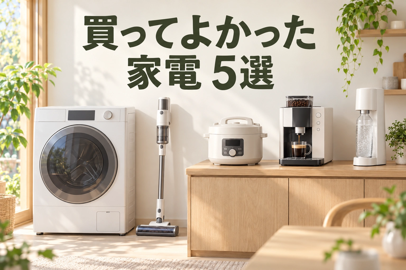 買ってよかった家電5選の文字と、洗濯乾燥機・掃除機・電気調理鍋・コーヒーマシン・炭酸水メーカーのイメージ