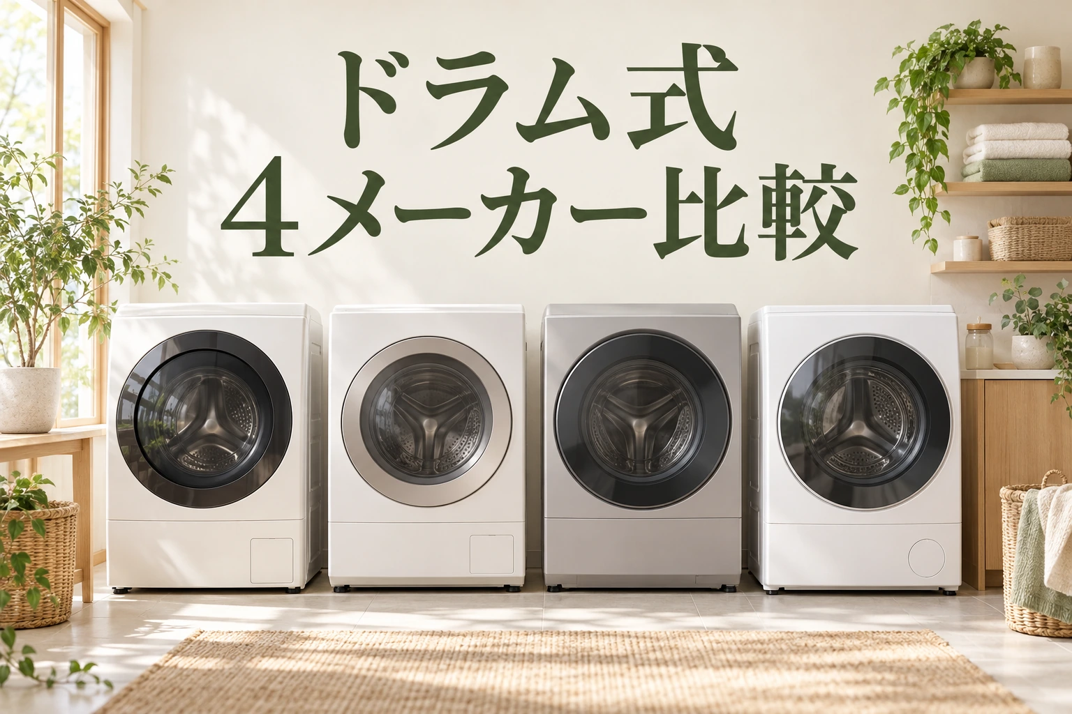 ドラム式 4メーカー比較の文字と、明るいランドリースペースに並ぶ4台の洗濯乾燥機のイメージ