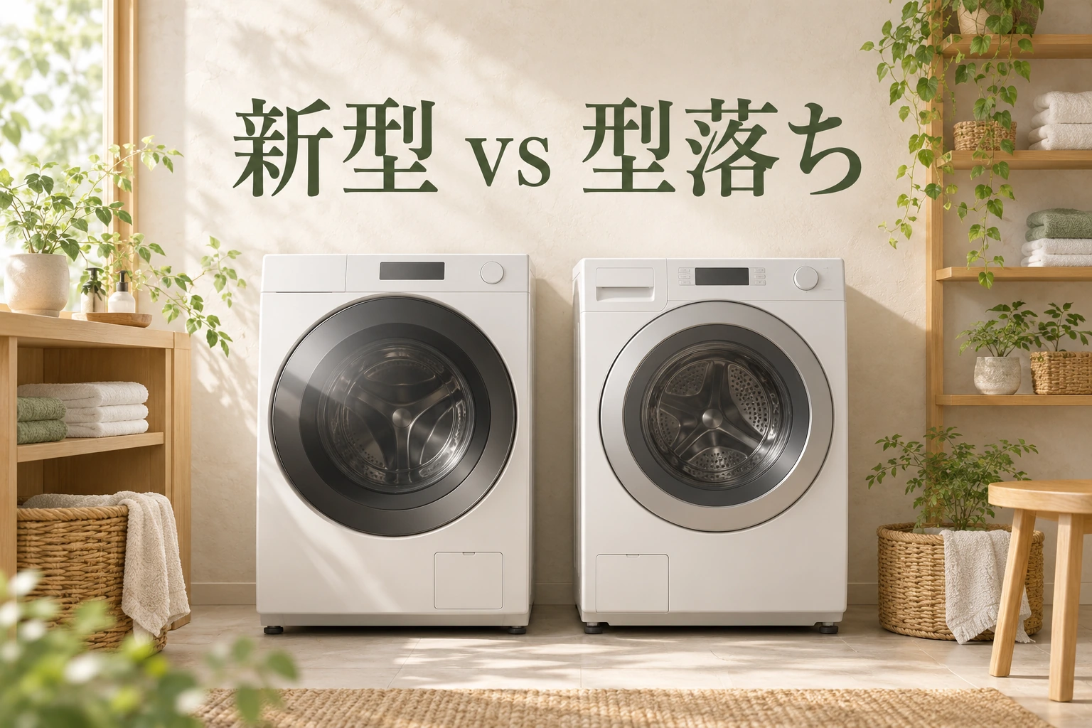 新型 vs 型落ちの文字と、2台のドラム式洗濯乾燥機を並べた比較イメージ