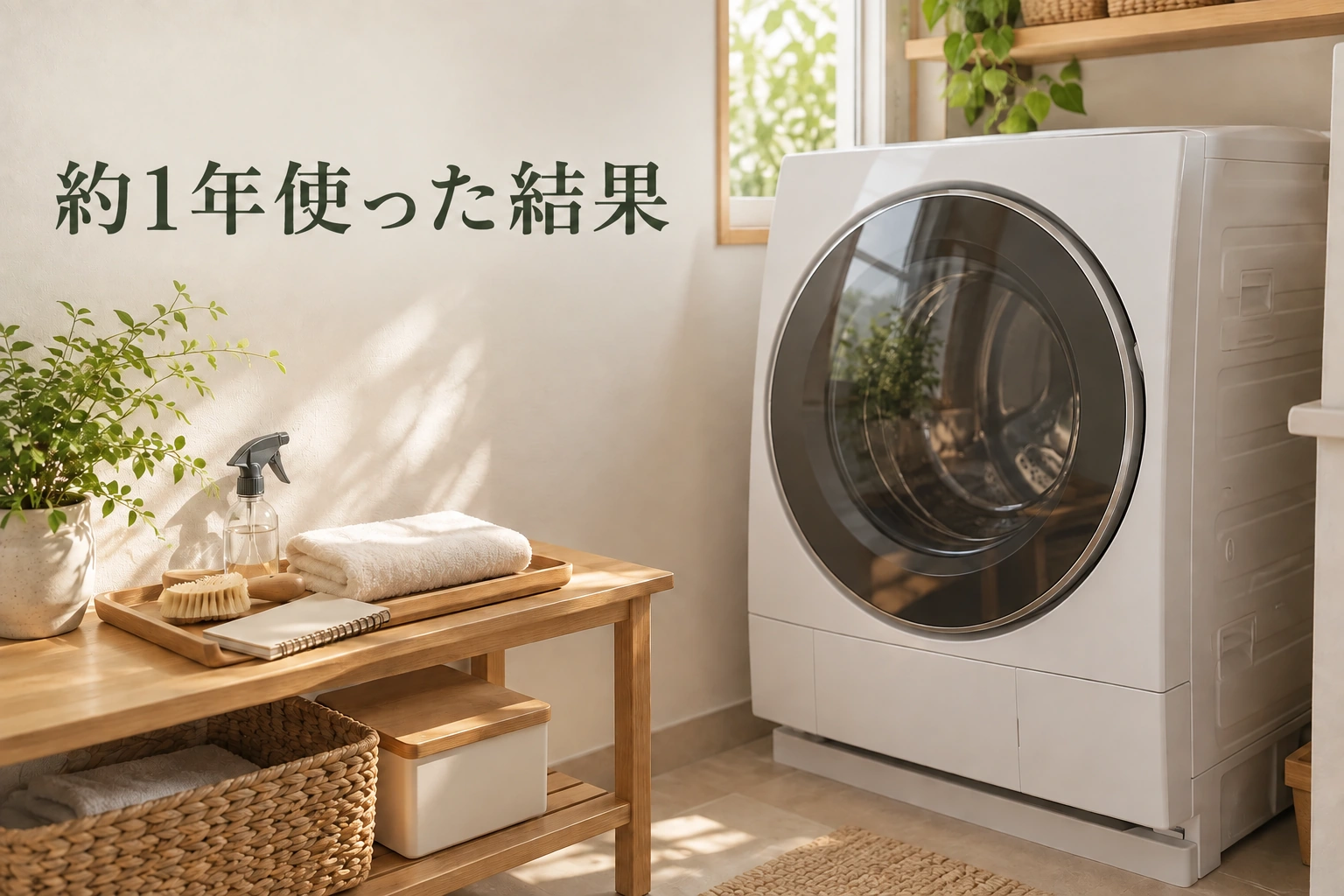 約1年使った結果の文字と、洗濯乾燥機や日常のお手入れ道具があるランドリースペースのイメージ