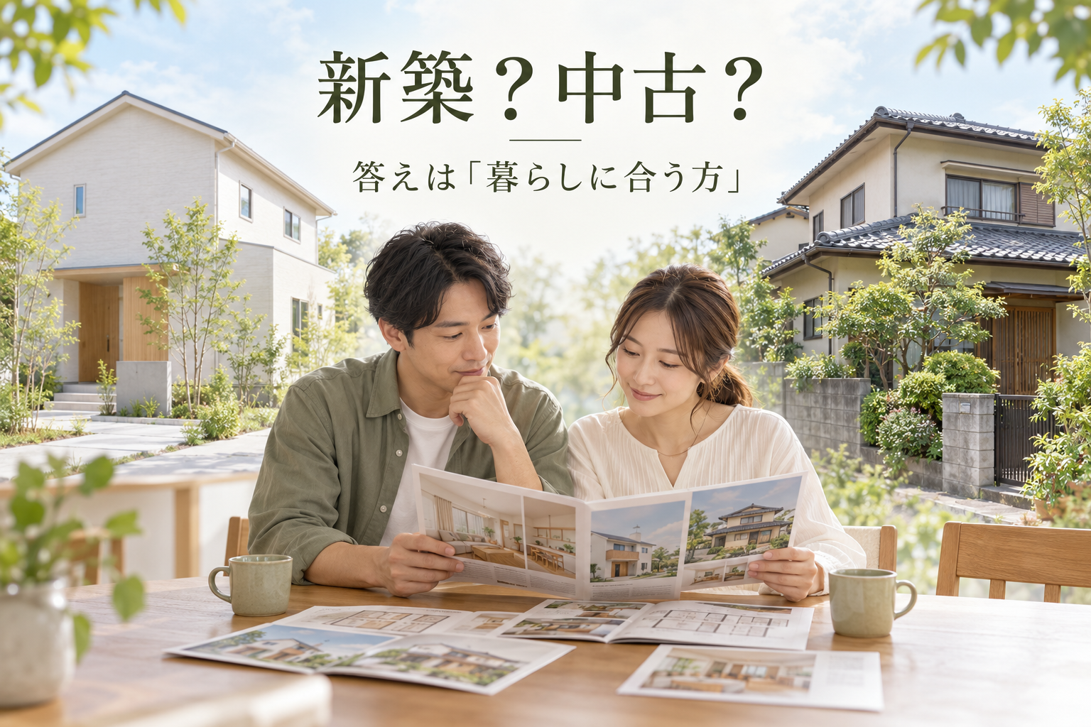 新築住宅と中古住宅を比較しながら住宅購入を検討する子育て家庭のイメージ